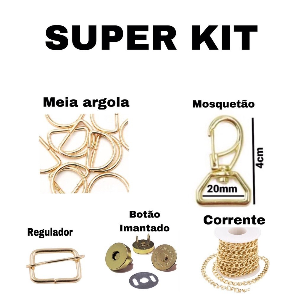 Kit 50 Meia Argola 20MM+10 Mosquetao 20MM+10 Regulador 20MM+10 Botao Imantado 18MM+ 1 METRO Corrente 2.0 / aviamentos su