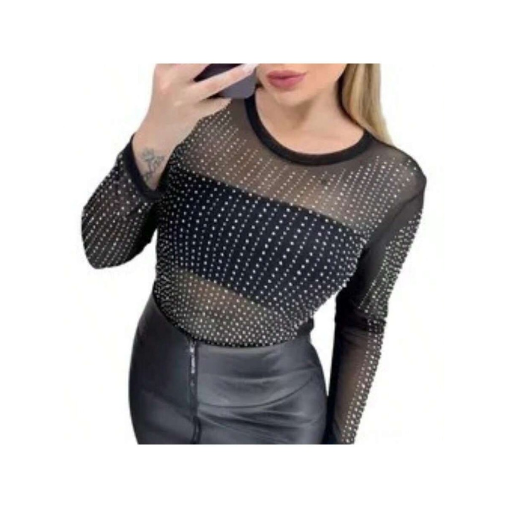Conjunto Body Tule Pedraria + Cropped Renda alcinha +Saia Couro Pedraria Ziper