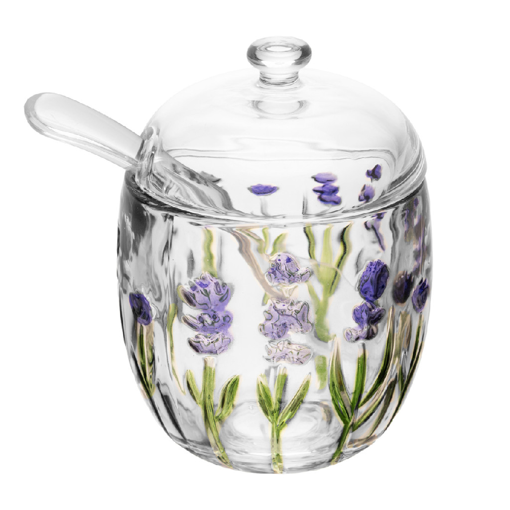 Açucareiro Porta Açucar Lyor Lavanda em Cristal Requintado Luxo Hand Painting 300g Mesa Posta com Colher Transparente