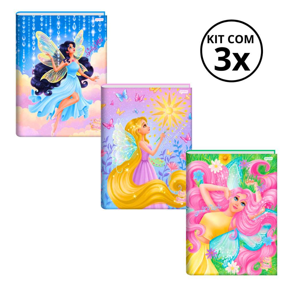Kit Com 03 Cadernos Brochura 80 Folhas Fada - Jandaia CAPA:Azul/Amarelo/Rosa em Oferta na Shopee