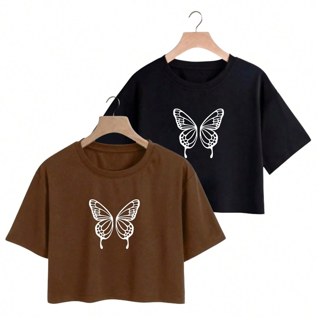 Kit 2 Cropped Camiseta Feminina Blusinha em Algodão Premium Borboleta Envio Imediato Lançamento em Oferta na Shopee