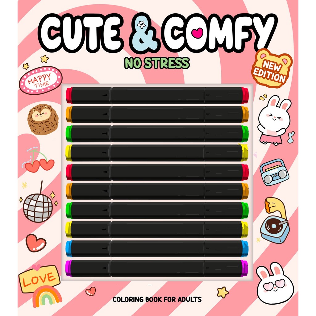Cute & Comfy New Edition - Livro de Colorir Adulto - 10 Canetas -  No Stress