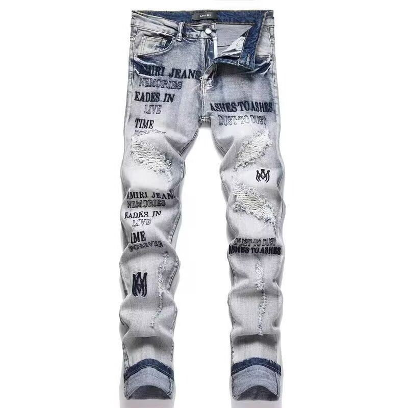 Calça Jeans masculina americana High Street Slim-fit reta rasgada AM, calça mendigo estampada exclusiva, calça comprida