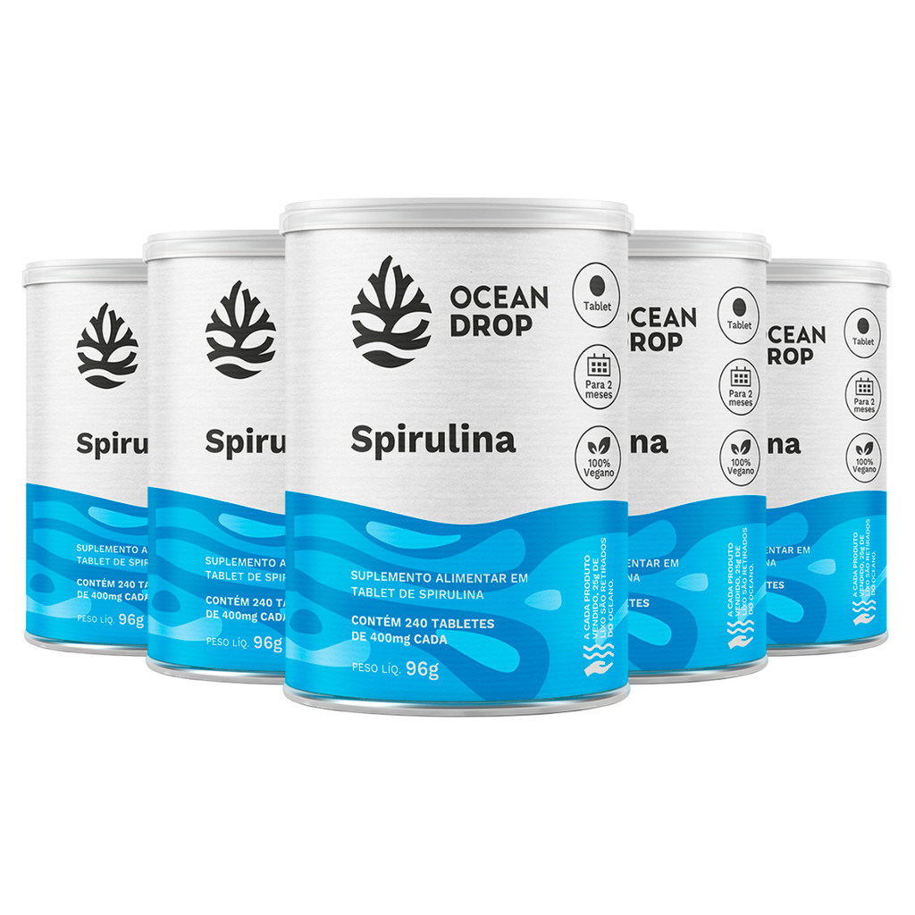 Kit 5 Spirulina Ocean Drop Vegana 240 Tabletes