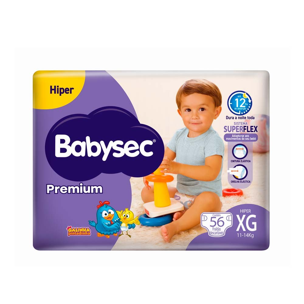 Fralda Infantil Babysec Premium Hiper XG com 56 Unidades - Mom & Baby