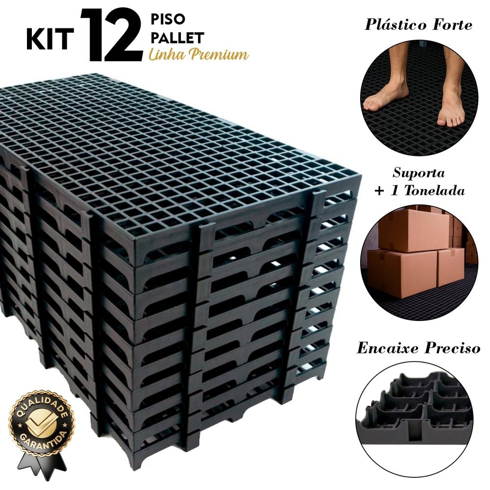 Kit 12 Peças Palete Estrado Plástico Preto 25x50x2,8cm Piso Plástico Empilhavel Reforçado