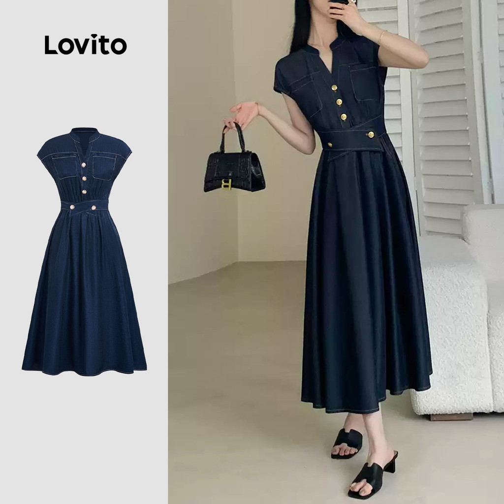 (New) Lovito Vestido Elegante com Cinto Botões Primavera/verão Vestido Azul Escuro para Mulheres L143AD730 em Oferta na Shopee