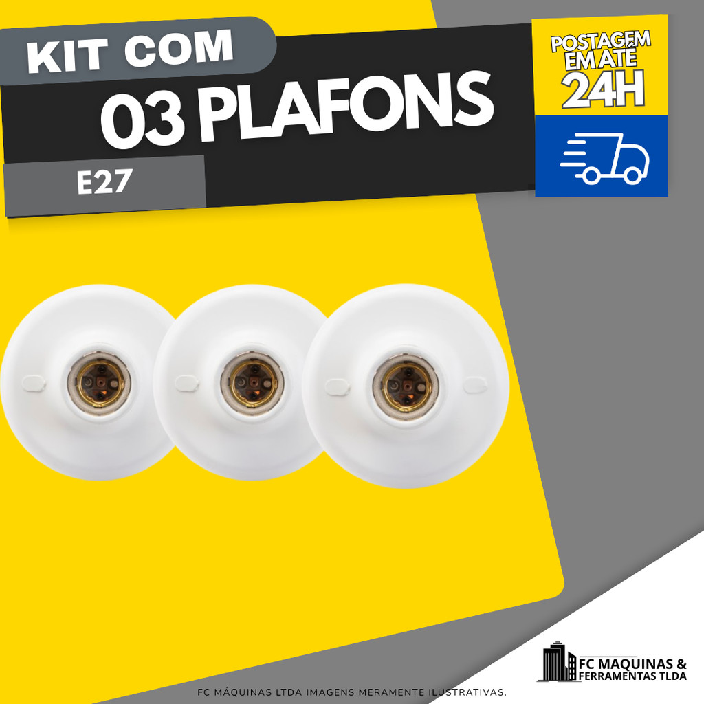 Kit 3 Plafon Branco Pluzie E27 100W Porcelana Bocal Luminaria Suporte De Teto Lampada