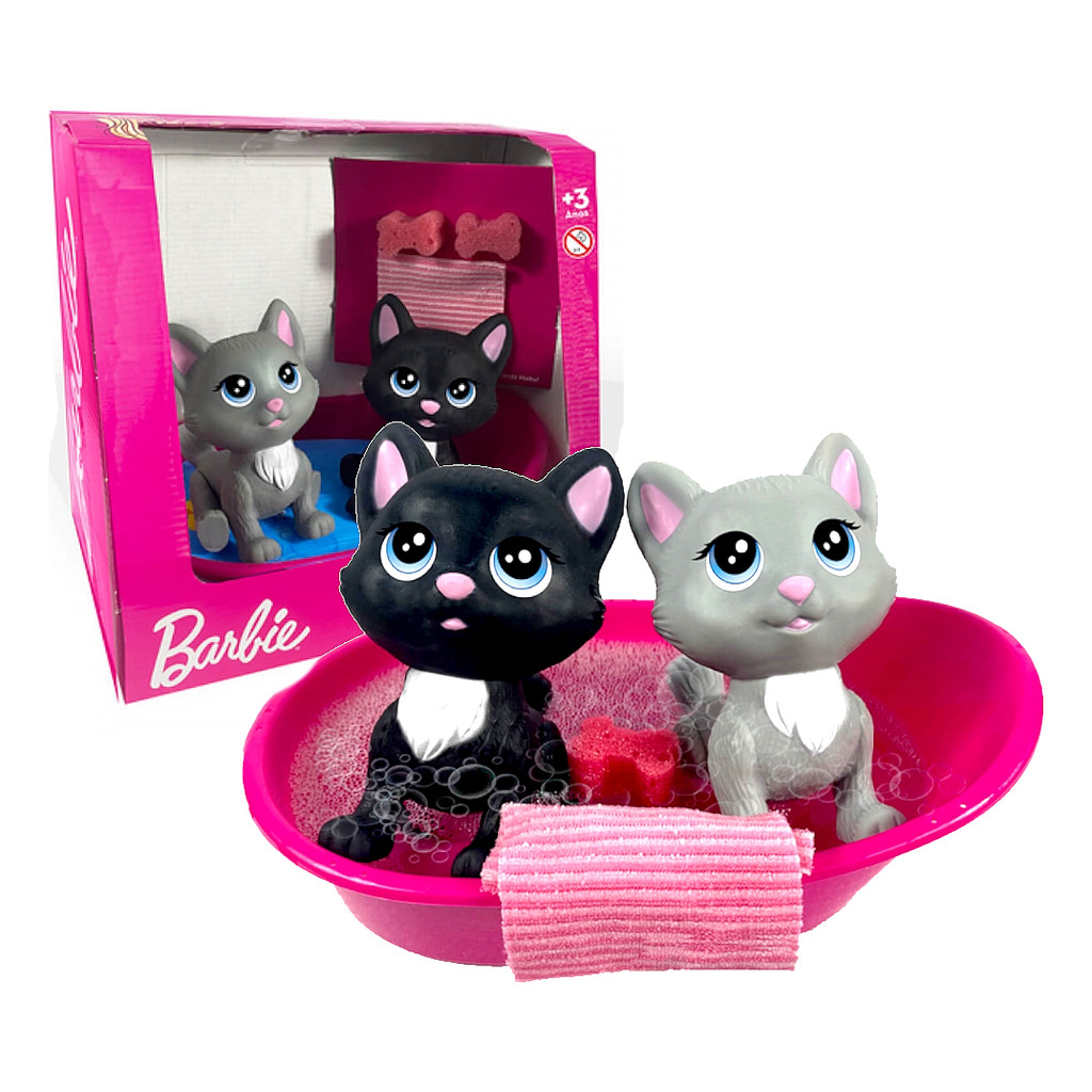 Pets Da Barbie Hora Do Banho 2 Mini Gatas Com Banheira e Acessórios Vinil Macio Pupee Brinquedos