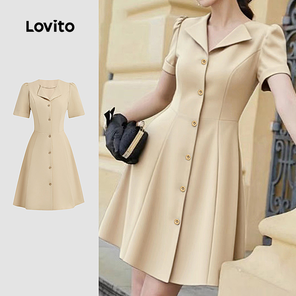 Lovito Vestido Elegante com Botões Na Frente para Primavera/verão Vestido Caqui para mulheres L142ED235