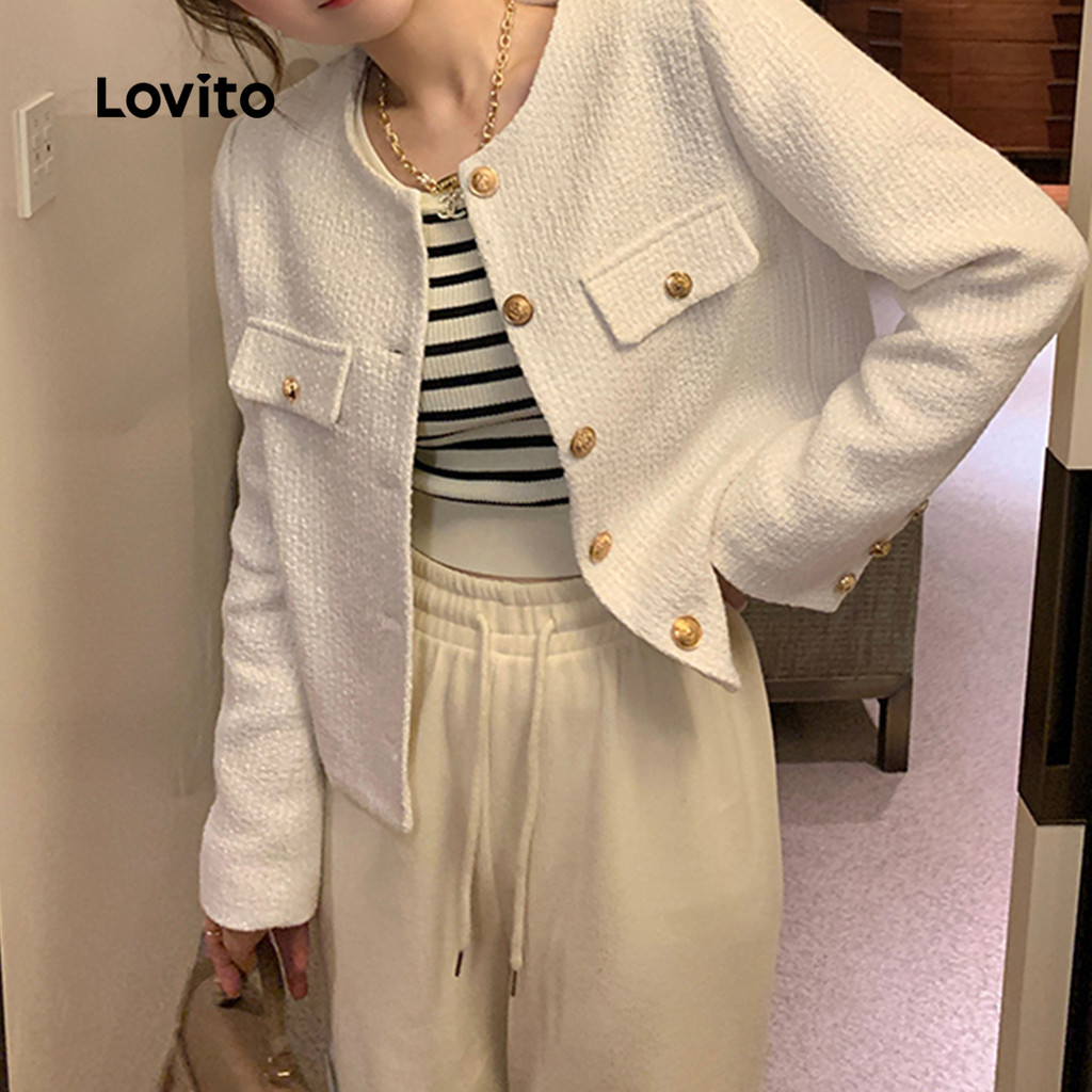 Detalhes do Lovito Refine Jaqueta Feminina Branca Com Botões Para Outono/Inverno LNA113007