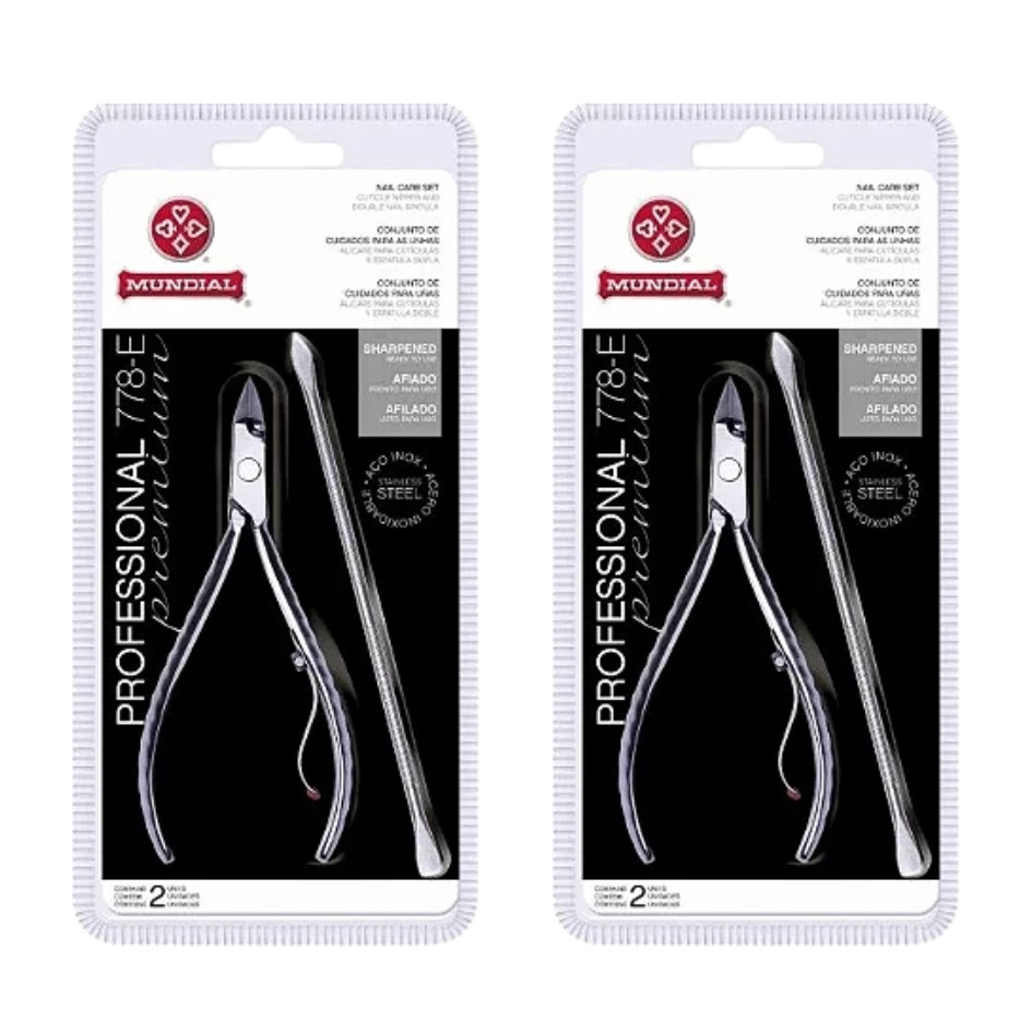 KIT DE 2 ALICATES CUTICULAS 778-E COM ESPATULA DUPLA PROFESSIONAL PREMIUM INOX MUNDIAL