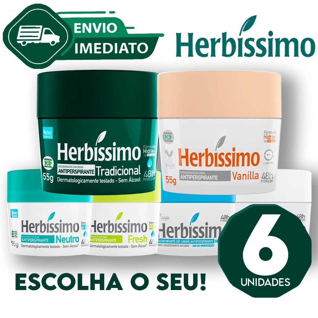 Kit C/6 Antitranspirante Creme Herbissimo C Glicerina 48H Proteção 55g Escolha o Seu Envio Imediato em Oferta na Shopee