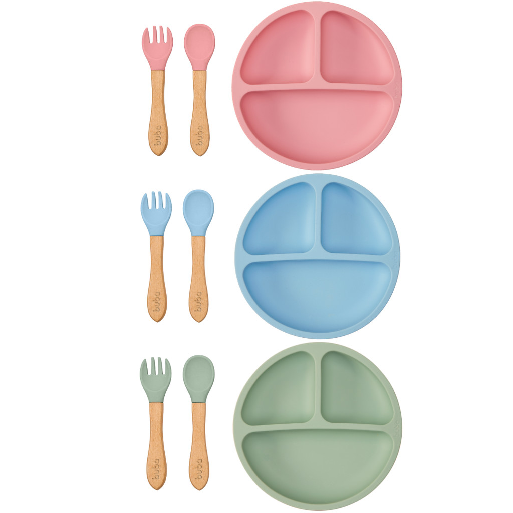 Kit Introdução Alimentar Silicone Buba 3 Peças Prato Divisórias Ventosa + Kit Talher Bambu em Oferta na Shopee