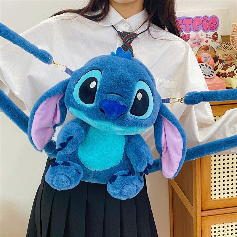 Mochila de Pelúcia Stitch-Alças Ajustáveis, Pode Virar Bolsa de Ombro, Zíper Invisível e S...