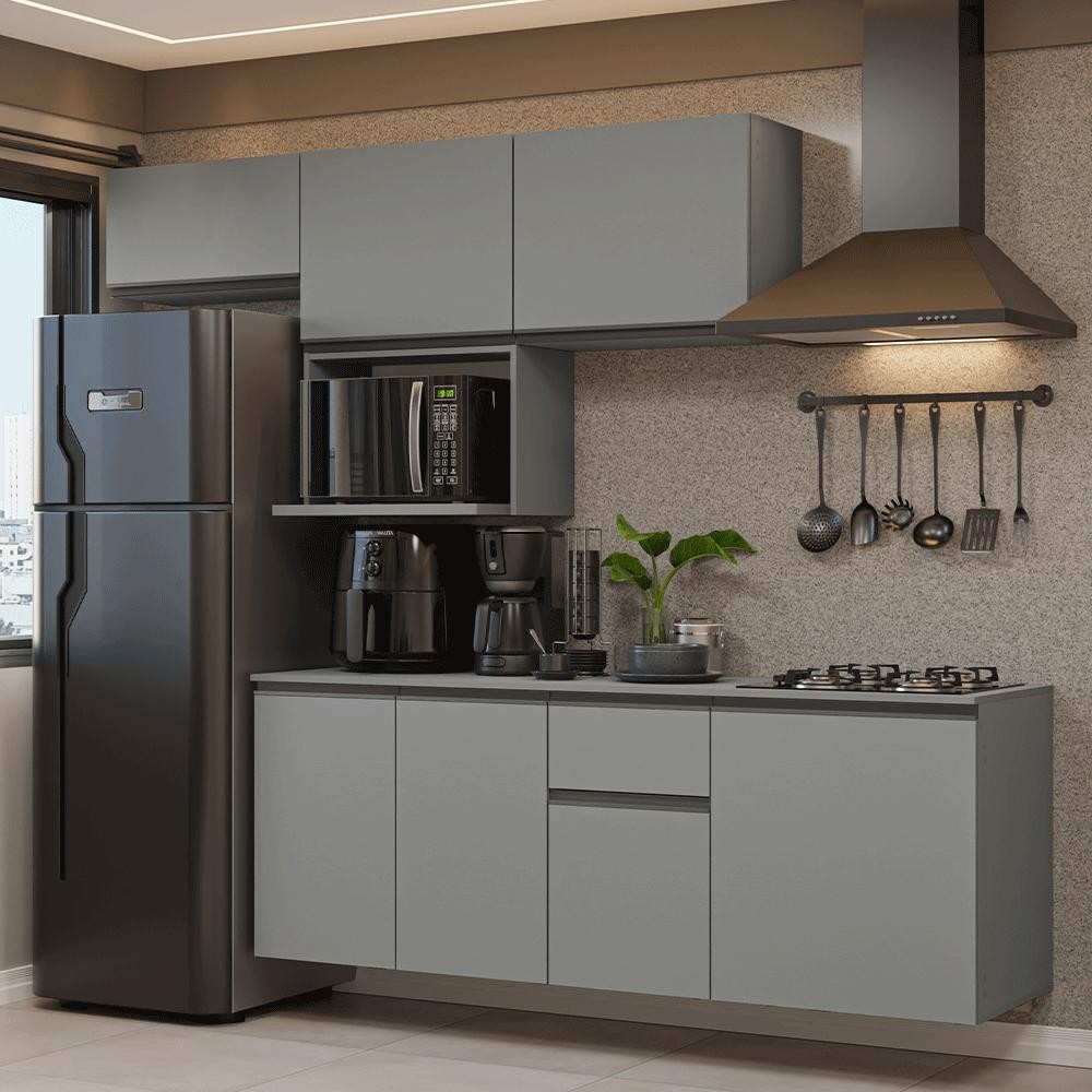 Armário de Cozinha Completa 240 cm Suspensa Cinza Nice Madesa 07 em Oferta na Shopee