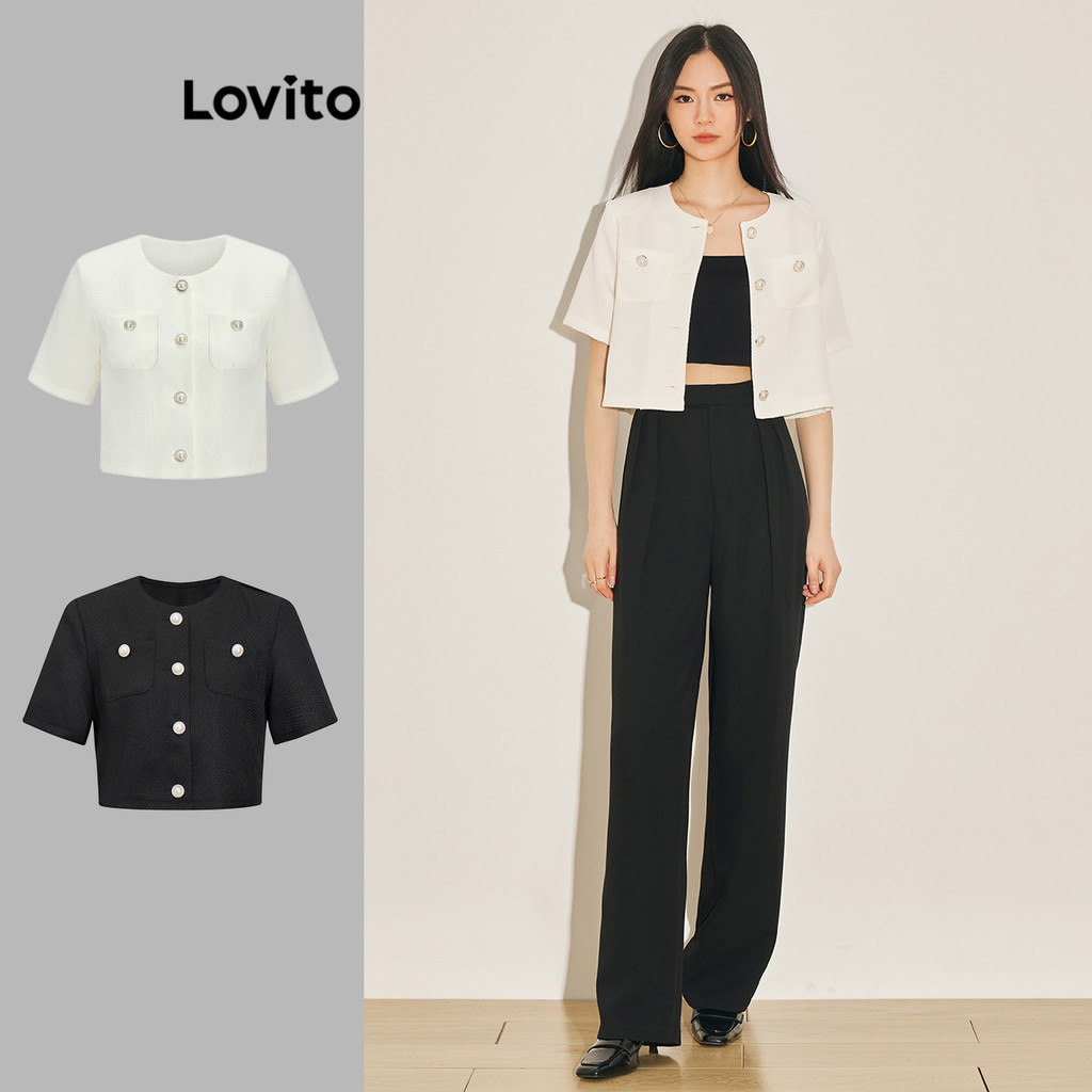 Lovito Jaqueta Casual Com Bolso Liso E Botão Para Mulheres L61AD005 (Branco) em Oferta na Shopee