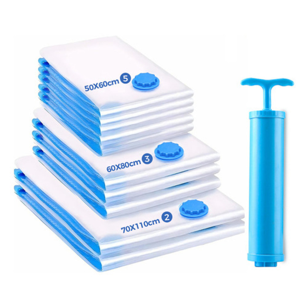 Kit 10 Sacos Organizadores a Vácuo 5un 50x60 - 3un 60x80 - 2un 70x110 + Bomba Manual em Oferta na Shopee