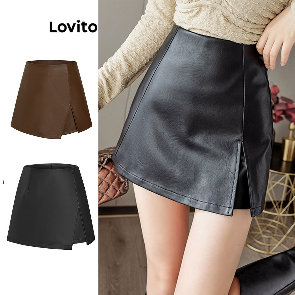 Lovito Shorts Falsos 2 em 1 com Zíper para Mulheres L58AD065 (Preto)