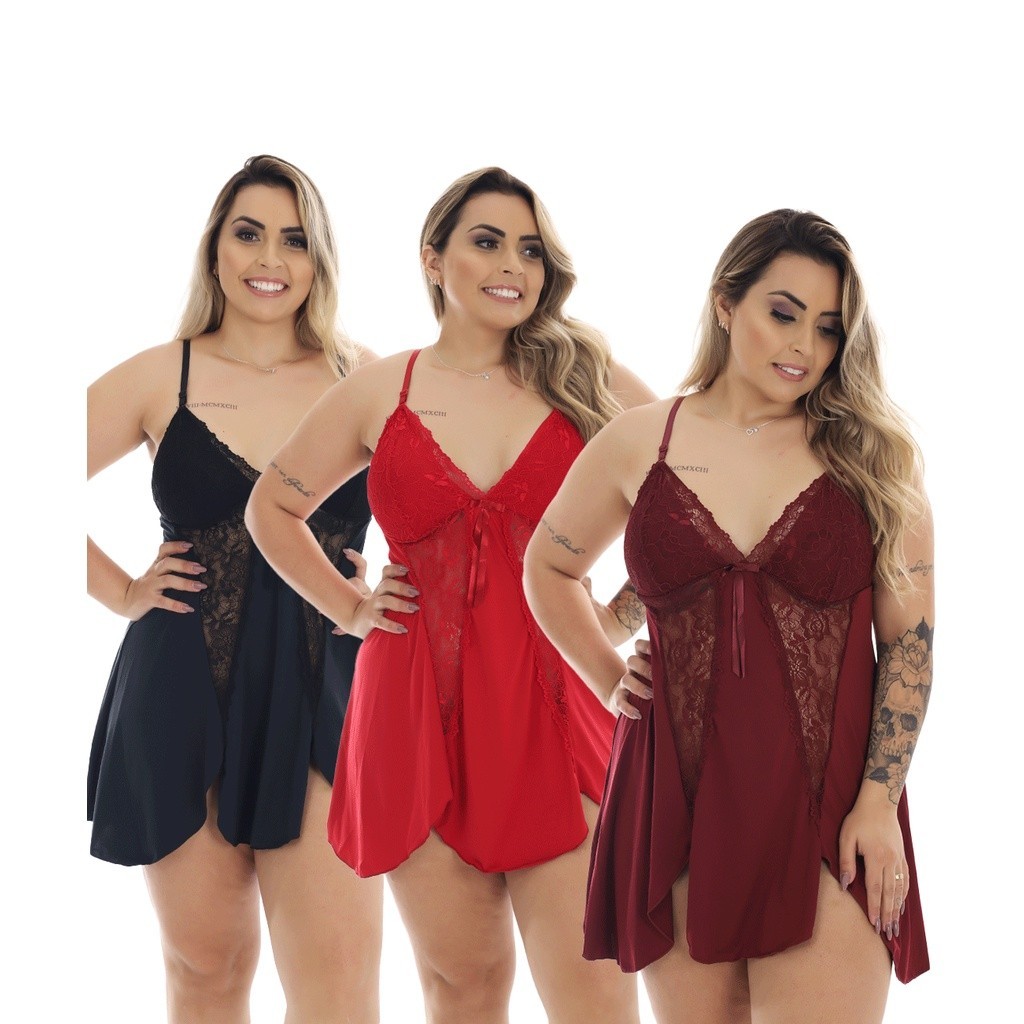 Camisola Feminina Microfibra Light De Renda Plus Size Camisola Sensual Sexy Do M ao 50 - Promoção