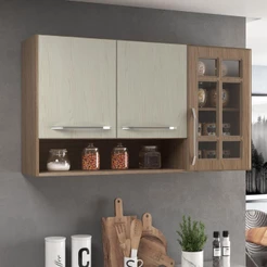Armário Aéreo Modulado Vazado Com Vidro Fidelitá Paris 120cm 3 Portas Nogal/Salinas