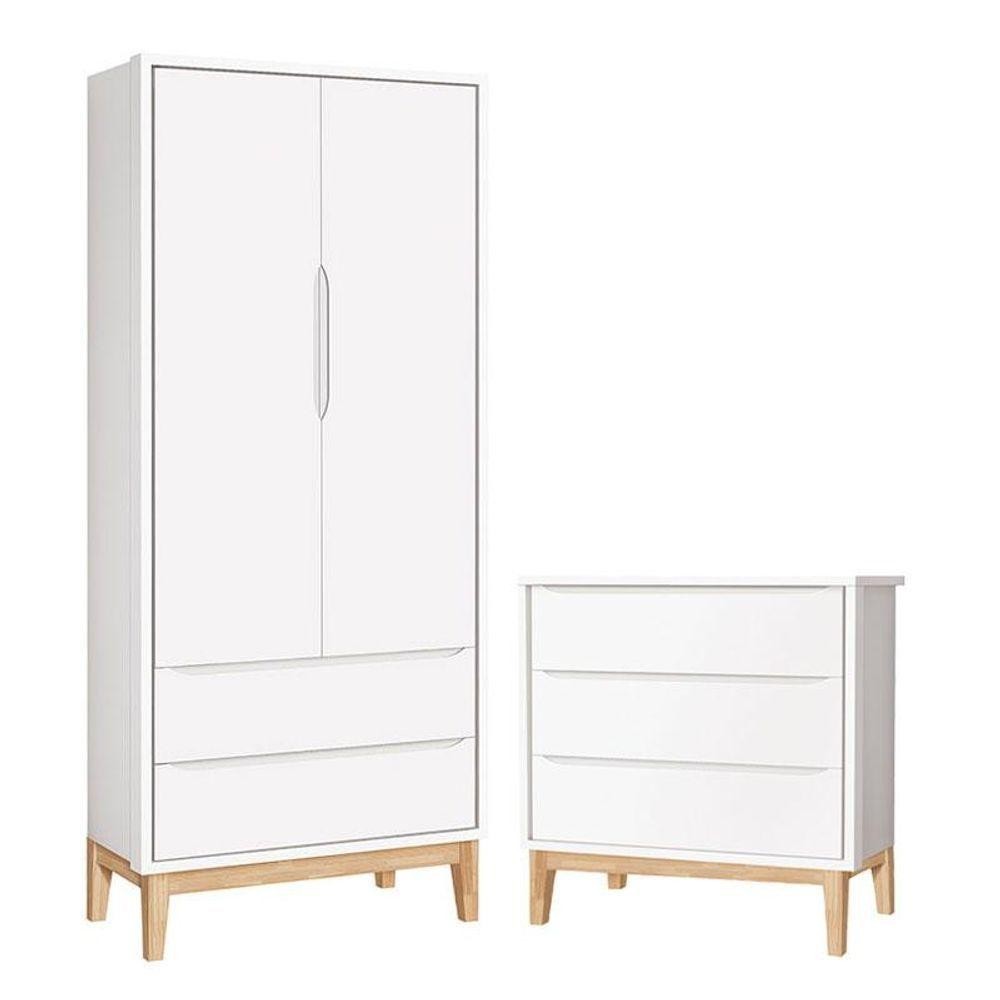 Cômoda Gaveteiro E Guarda Roupa Infantil 2 Portas New Classic Branco Com Pés Madeira Natural - Reller - Home & Living