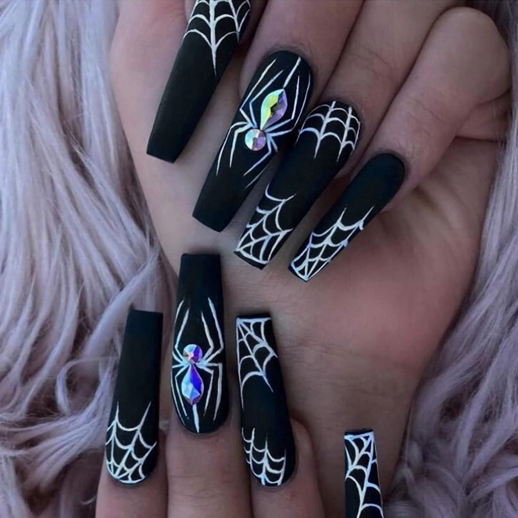 Halloween Acrylic Nails Easy Removal Fake Spooky Spider Web Set with Glue Black Long Nail Extension Kit for Women Girls Press for Home