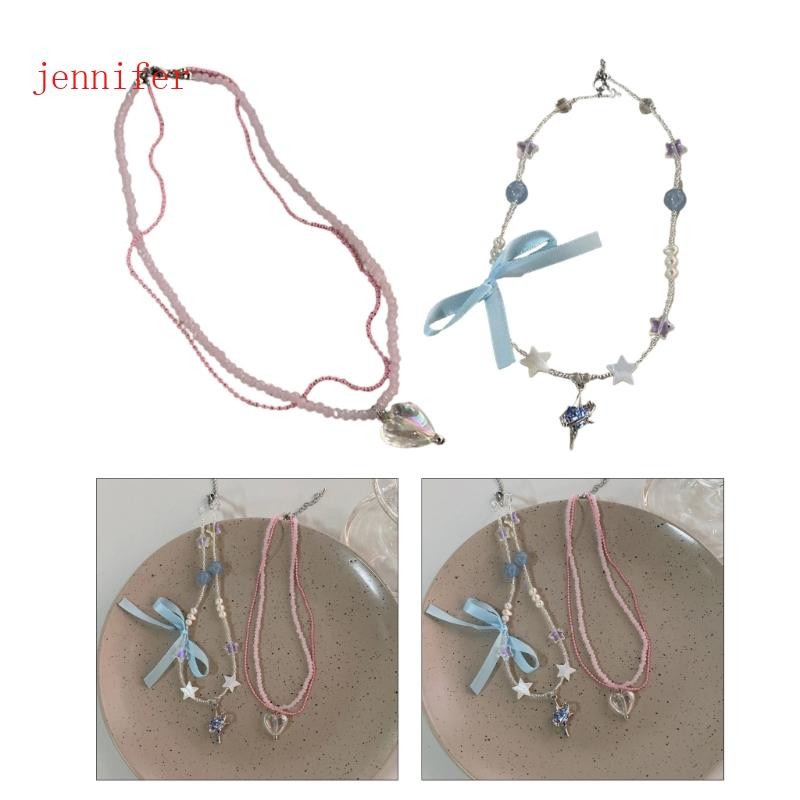 jennifer Sweet Heart Pendant Necklace Coreano Pearl Beaded Choker Bohemian Bowknot Chain