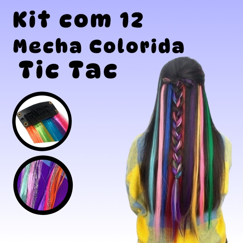 Kit 12 Aplique Colorido Tic Tac Mecha De Cabelo Colorida