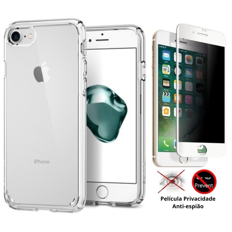 Kit 2em1 Compativel Com iPhone SE 2a Geracao - Capa Clear Space + Pelicula 3D Privacidade Anti-Espiao