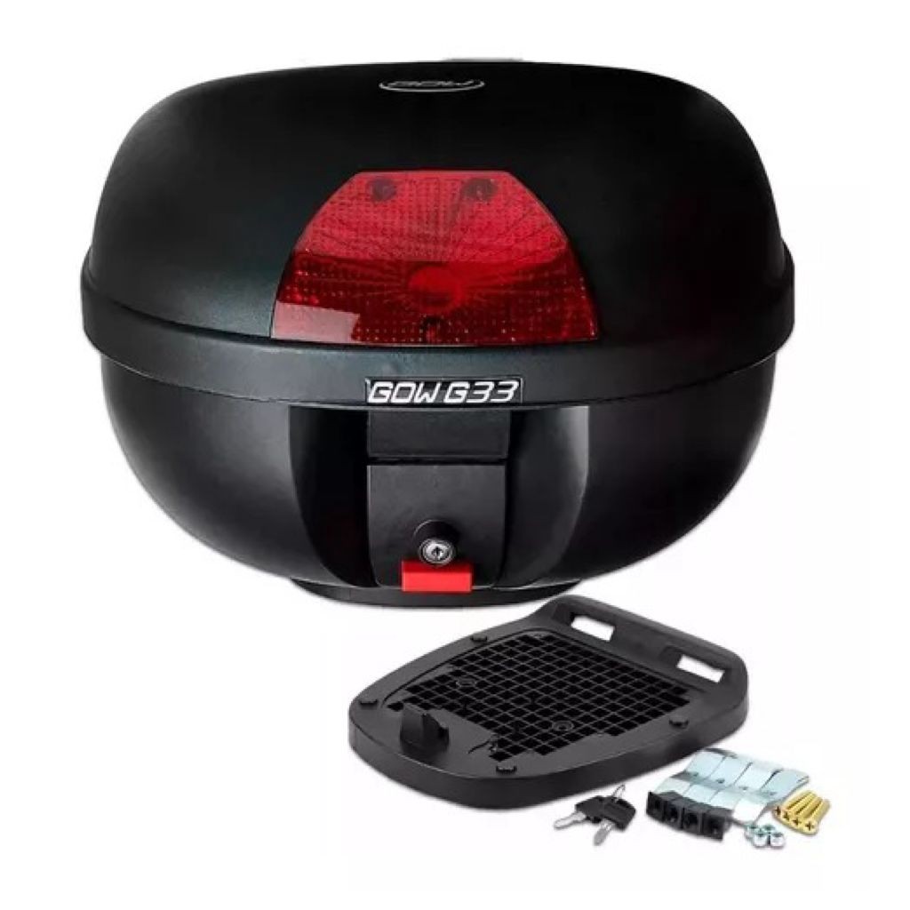 Baú Bauleto GOW 33L Litros Moto Base Fixação Suporte Encaixe Universal Lente Vermelha Bau