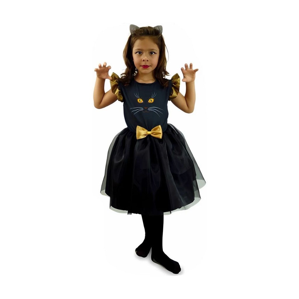 Fantasia Halloween Infantil Gatinha Vestido com Tiara