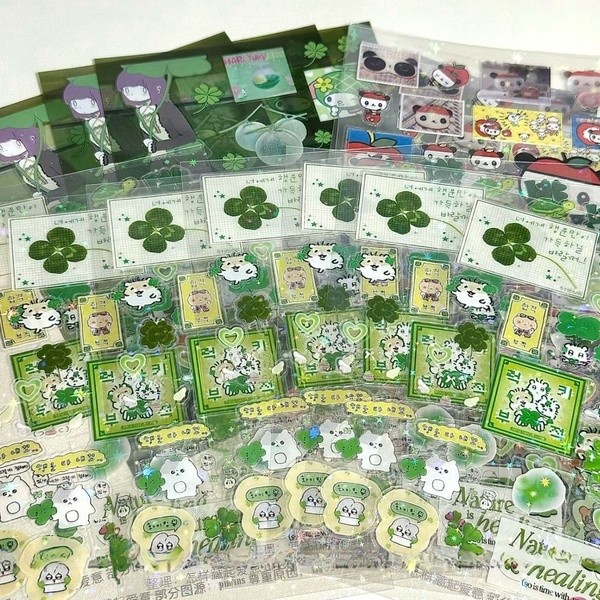 Steve 4 Peças Conjunto Verde Trevo De Quatro Folhas Transparente Estrela Glitter Filme Corte Adesivos Jouranl Deco