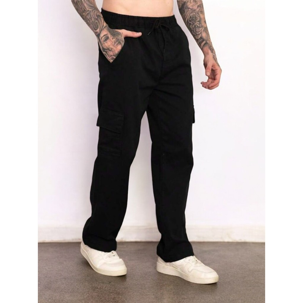 Calça Cargo Masculina De Sarja Com Cintura Elástica E Cordão Ajustável
