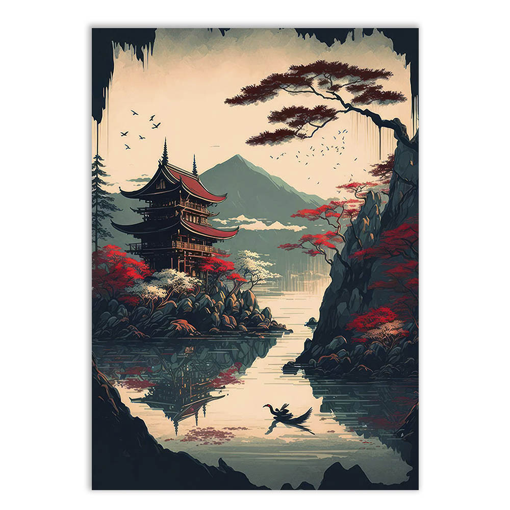 Placa Quadro Decorativo Japonês Lago E Casa Na Montanha Decoração Poster Anime