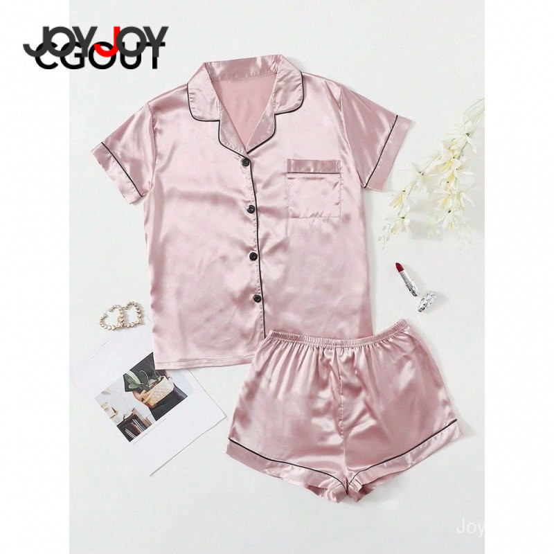 Imagem Joyjoy Conjunto de Pijama Feminino de Cetim Seda Gelada, Top Solto e Shorts, Loungewear Plus Size Confortável de Verão
