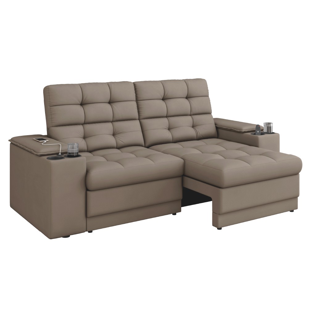 Sofá Retrátil e Reclinável 2,05m 3 Lugares Com Porta Copos Entrada USB Kansas Veludo Cappuccino Luizzi - Home & Living