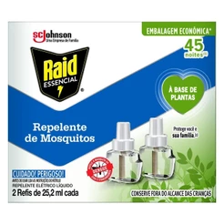 Repelente Elétrico Líquido Raid 45 Noites à Base de Plantas Essencial Caixa 2 Unidades 25,2ml Cada Refil Embalagem Econômica