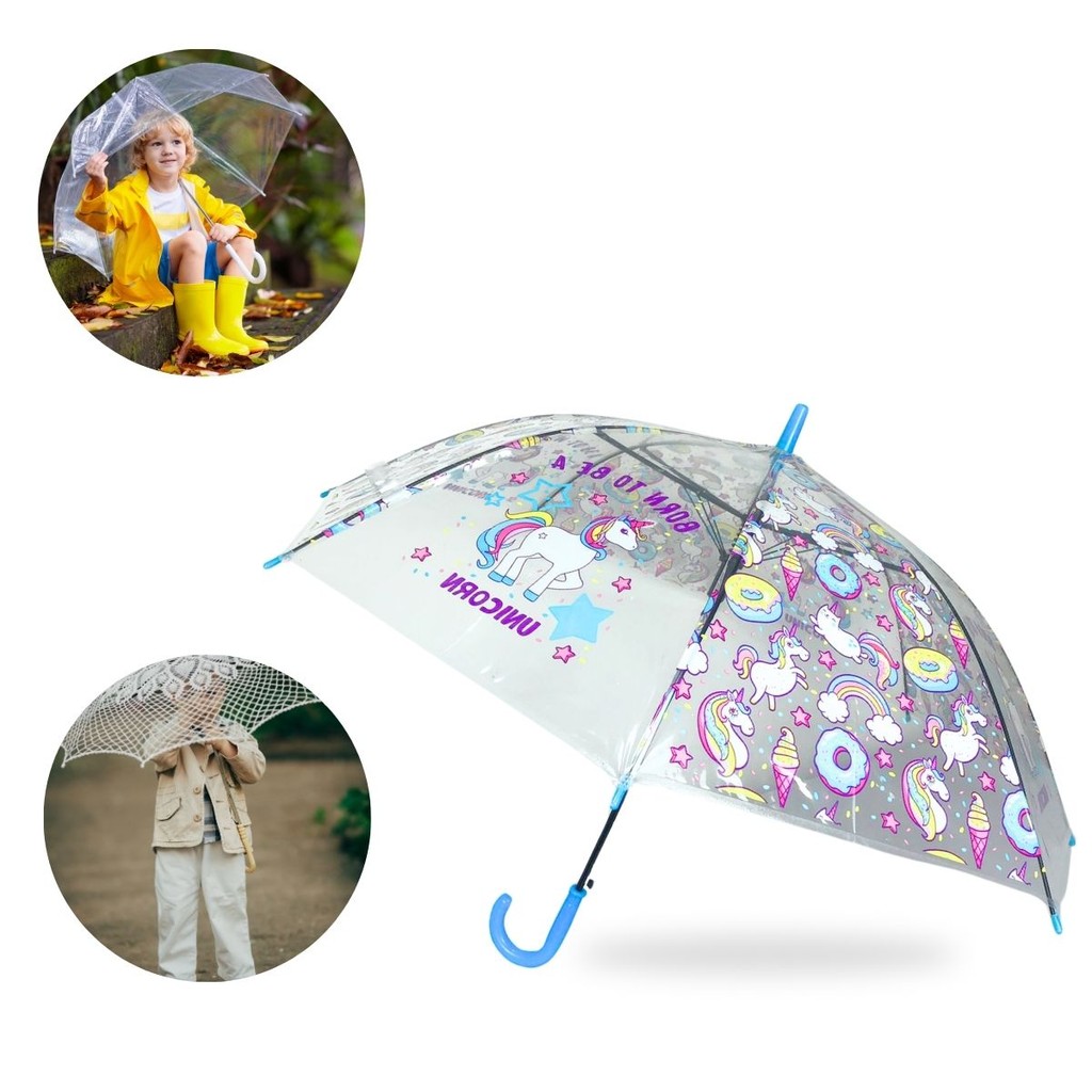 Guarda Chuva Cúpula Infantil Transparente com Unicórnio Super Proteção