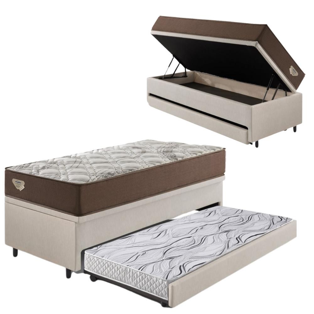 Bicama Box Baú com Courino Linho Areia 96x203 com Colchão Relax Adorabile Molas Ensacadas Ecoflex