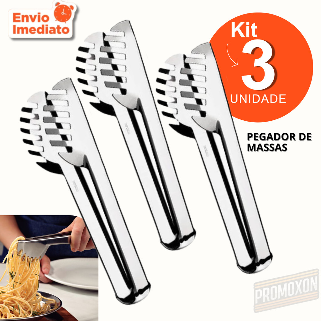 Kit 3, 2 ou 1 unid - Pegador de Massa Inox 20cm com Serrilha Utensílio para Espaguete Talharim Salada