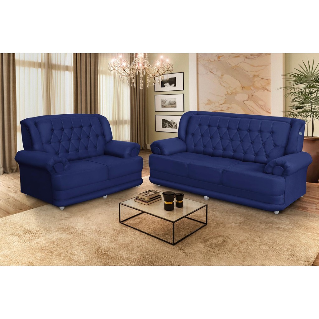 Conjunto de Sofá 2,00 x 1,50m 3 E 2 Lugares Suede Filadélfia Azul