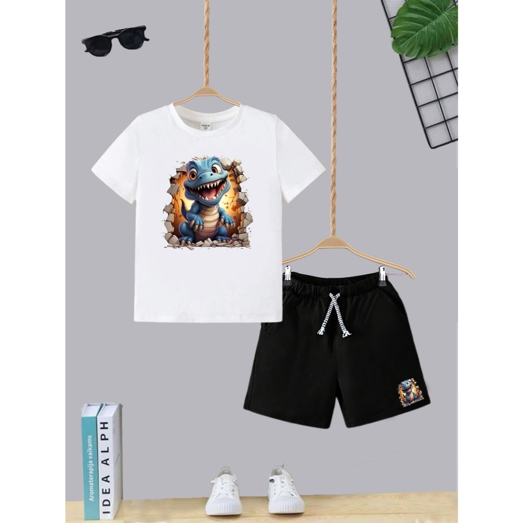 Kit Conjunto Infantil menino Short e Camiseta Estampas Dinossauro Azul Passeio