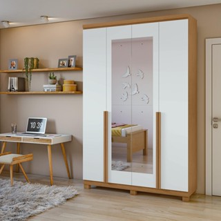 Guarda-Roupa Solteiro 100%MDF Alonzo 4 Portas com Espelho e Pés Amendoa/Branco em Oferta na Shopee