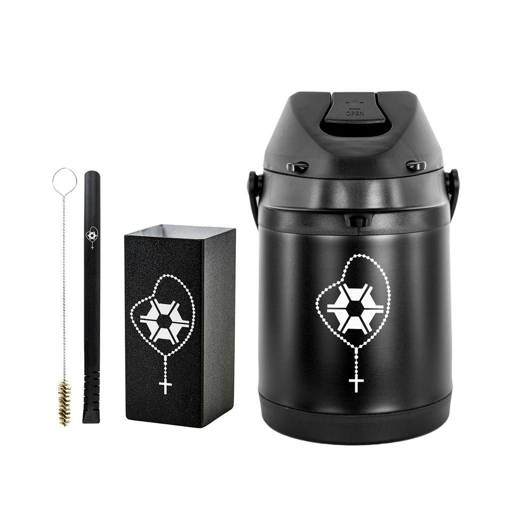 Kit Tereré Garrafa Térmica Preta 2.5l Bomba Filete Preta Copo Quadrado Preto