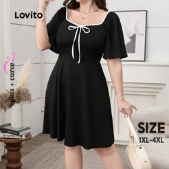 Vestido Elegante Feminino Lovito Nacional Plus Size Curve Casual Liso Contrastante Com Laço Primavera/verão Azul Escuro LNE103041