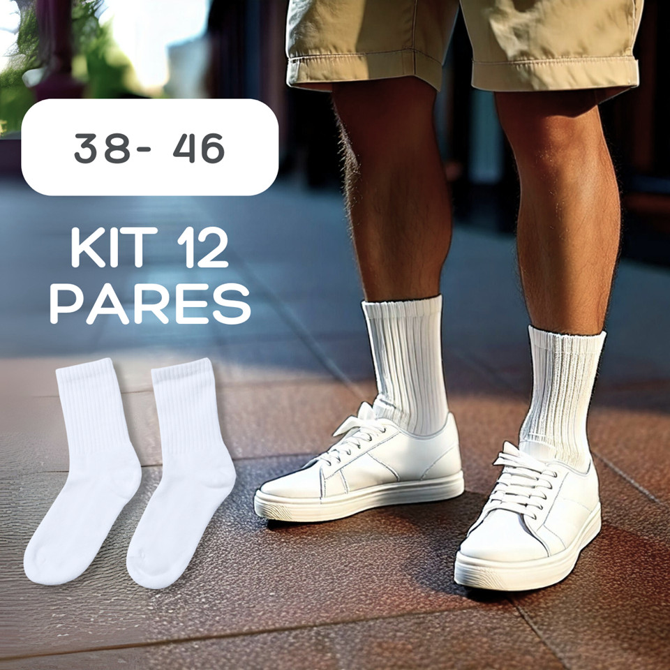 Kit Até 12 Pares Meia Cano Alto Branca Meias  Masculina Premium Respirável