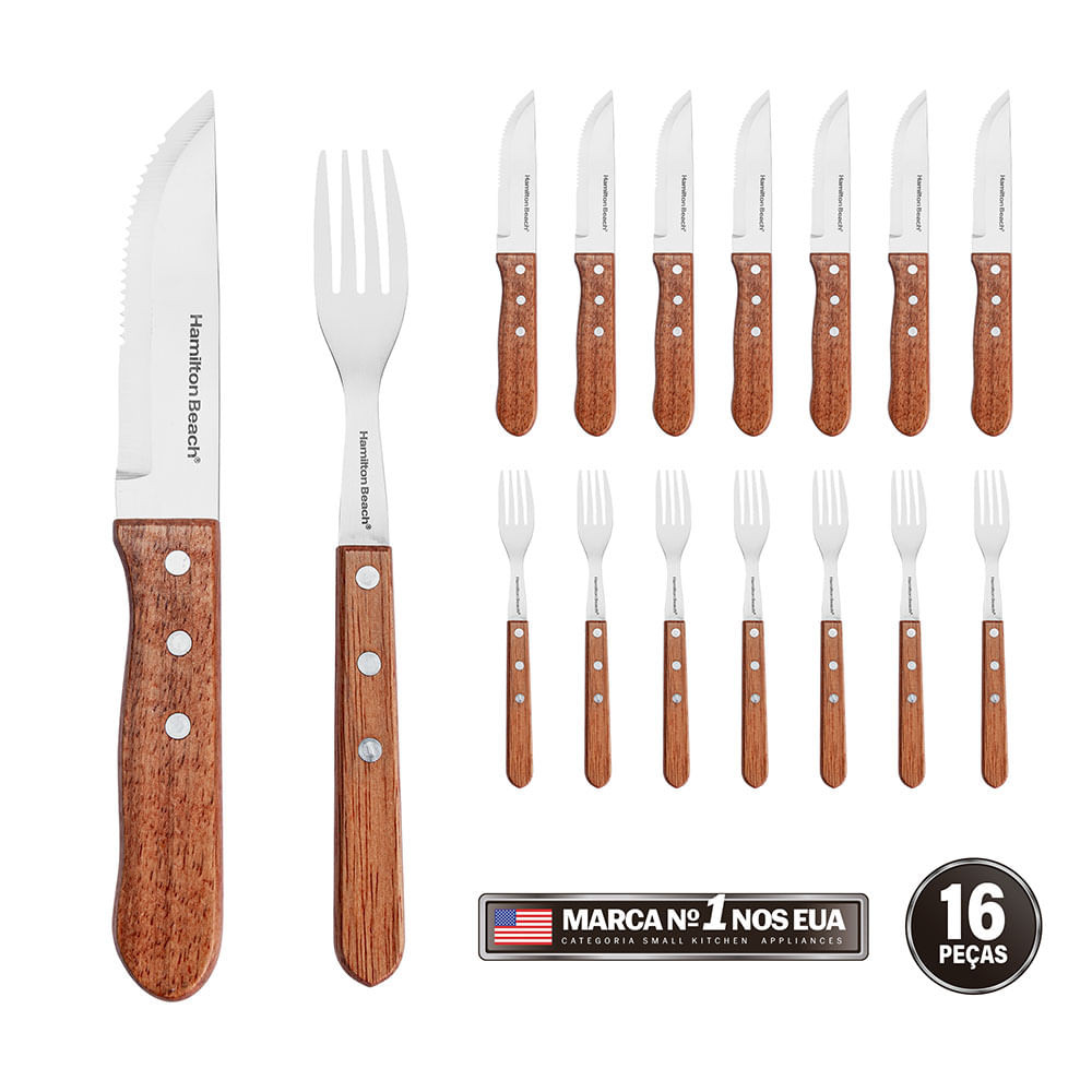 Jogo De Talheres Churrasco Faqueiro Inox 16 Peças Hamilton Beach BBQ Cabo de Madeira em Oferta na Shopee