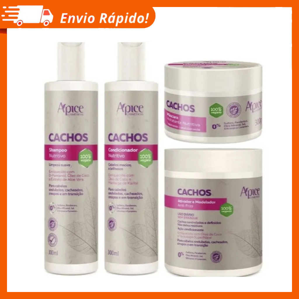 Kit Apse Cachos 4 itens Sampoo, Condicionador, Máscara Umectante e Ativador Anti-Frizz - Apice