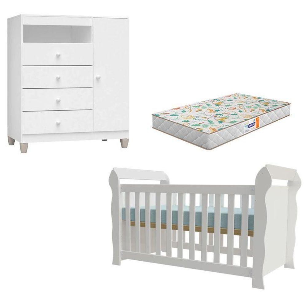 Berço Americano Lara Com Colchão Gazin E Cômoda Infantil Ternura Baby Branco Brilho - Incorplac